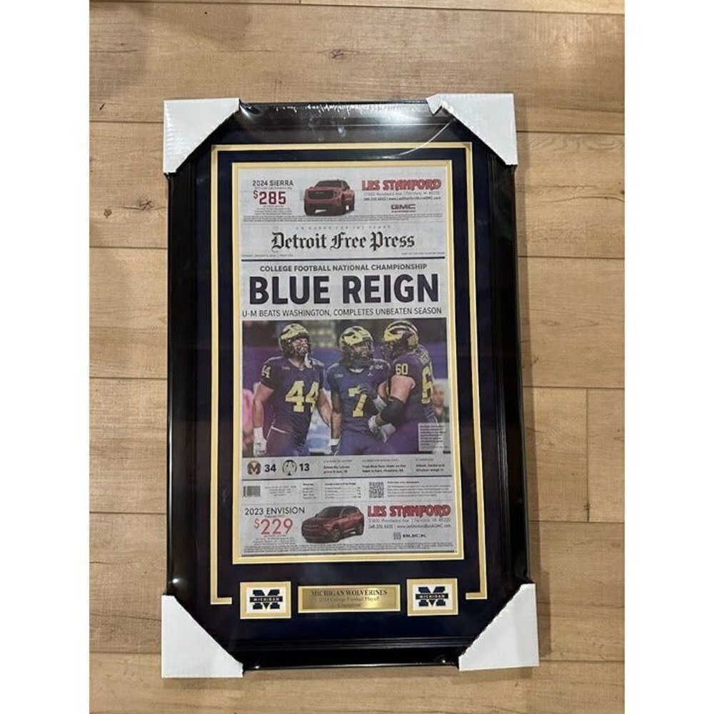 Michigan Wolverines 2024 CFP Detroit Free Press Frontpage Newspaper Framed